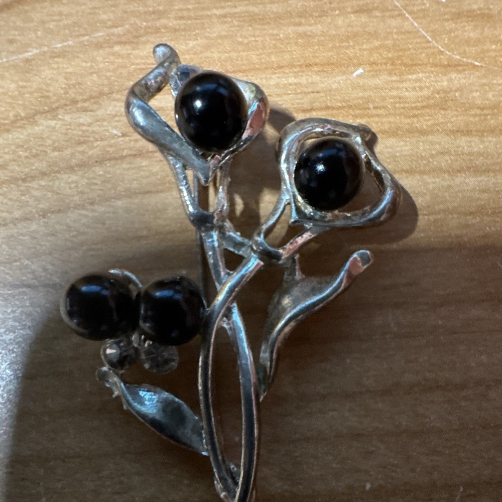 Silver Tone Flower Brooch Pin with Black Round Stone and Bead Accents - Picture 3 of 3